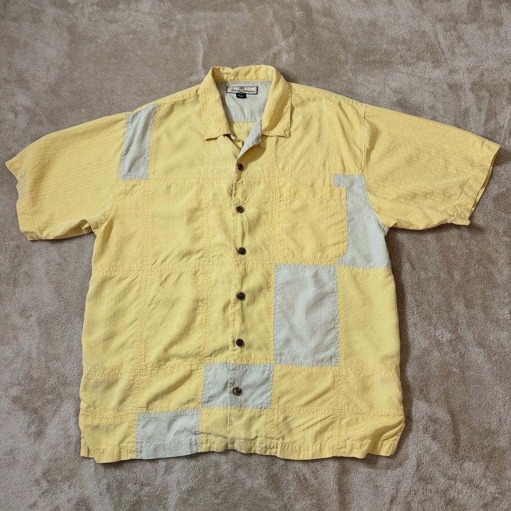 Tommy Bahama Shirt Mens Silk Yellow Beige Floral Patchwork Short Sleeve L Large